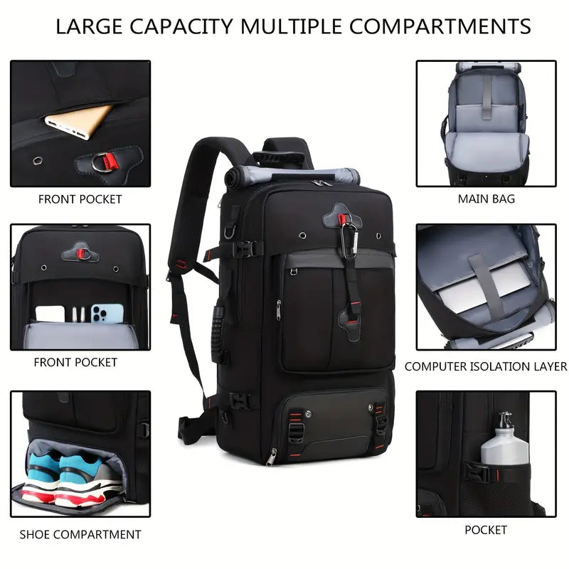 NNETM 50L Large Capacity Waterproof Hiking Backpack with Shoe Compartment - Black