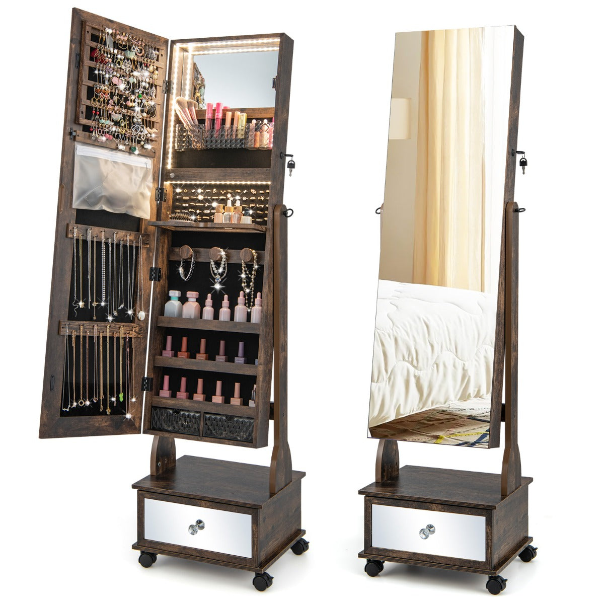 NNECW 159 CM Lockable Jewelry Organizer with 3-Color LED Lights-Brown